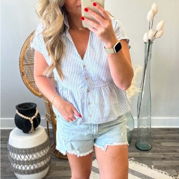 3/$25! NEW! Women’s Boutique Classic Carol Button Up Striped Linen Peplum Top M - Picture 5 of 16